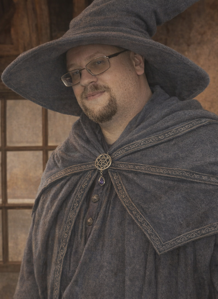 A man in a gray wizard costume, wide brimmed pointed hat, rectangular glasses, smiling softly.